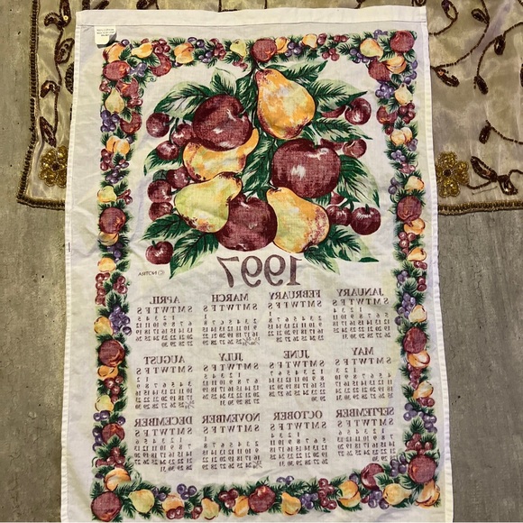 1997 Linen Hanging Calendar Kitchen Tea Towel Vintage, Flowers & Fruit - NOTRA - Picture 7 of 8